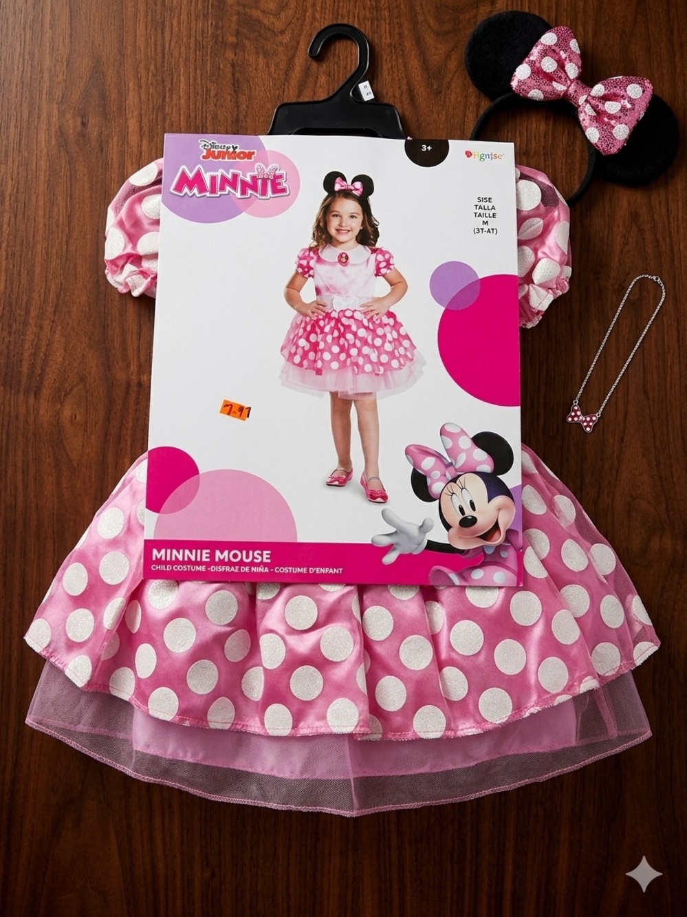 Disney Junior Minnie Mouse Pink Polka Dot Costume Dress Ears Headband Size 3/4